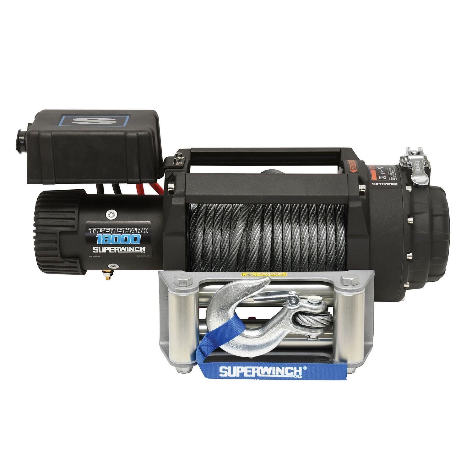 Superwinch 1518000 Tiger Shark 18000 12V DC Winch 18,000lb/8165kg Single Line Pull with Roller Fairlead, 29/64 x 80 Steel Wire 