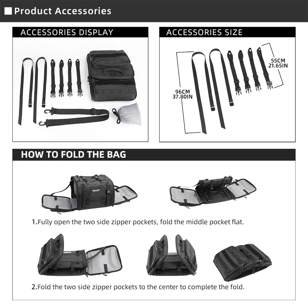 Rhinowalk Motorcycle Tail Bag - Waterproof Luggage 33-45L, PVC, Black, Model Y4045B, Expandable with Sissy Bar Straps & Rain Cover