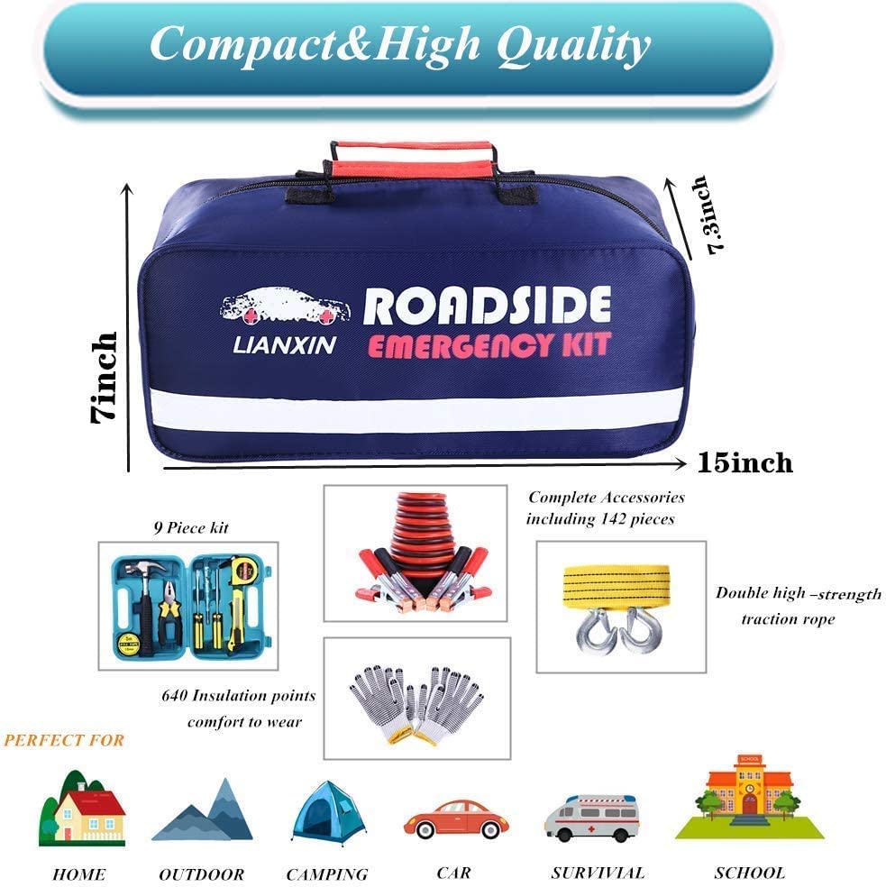 LIANXIN Roadside Assistance Emergency Kit - 142 Pieces Car Safety Kit with 8.2 ft Jumper Cables, Tow Strap, Tool Kit, Blue, Model UY-Z7SA