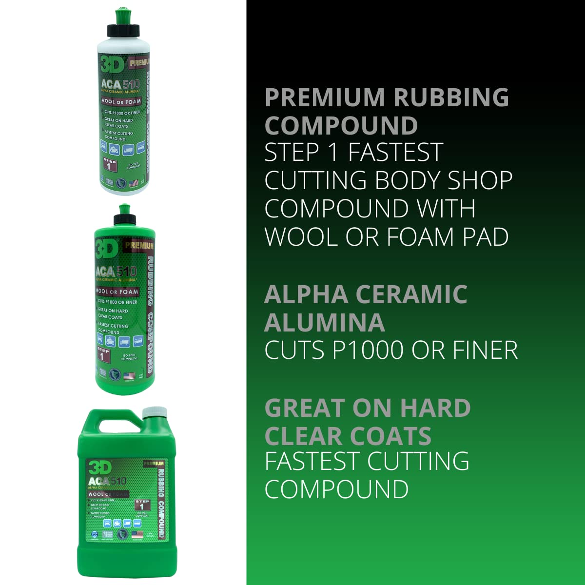 3D Aca 510 Premium Rubbing Compound - 8Oz - Step 1 Fastest Cutting Body Shop Compound With Wool Or Foam Pad - Cuts P1000 Or Finer - Great On Hard Clear Coats - Alpha Ceramic Alumina