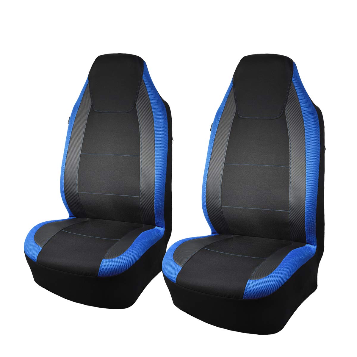 Flying Banner Car Seat Covers Quality Carbon Fiber Faux Leather Mesh Fabric Sport Low High Back Bucket Back Pocket Arm Rest Car Suv Truck Pick Up (2 Fronts - High Bucket, Blue)