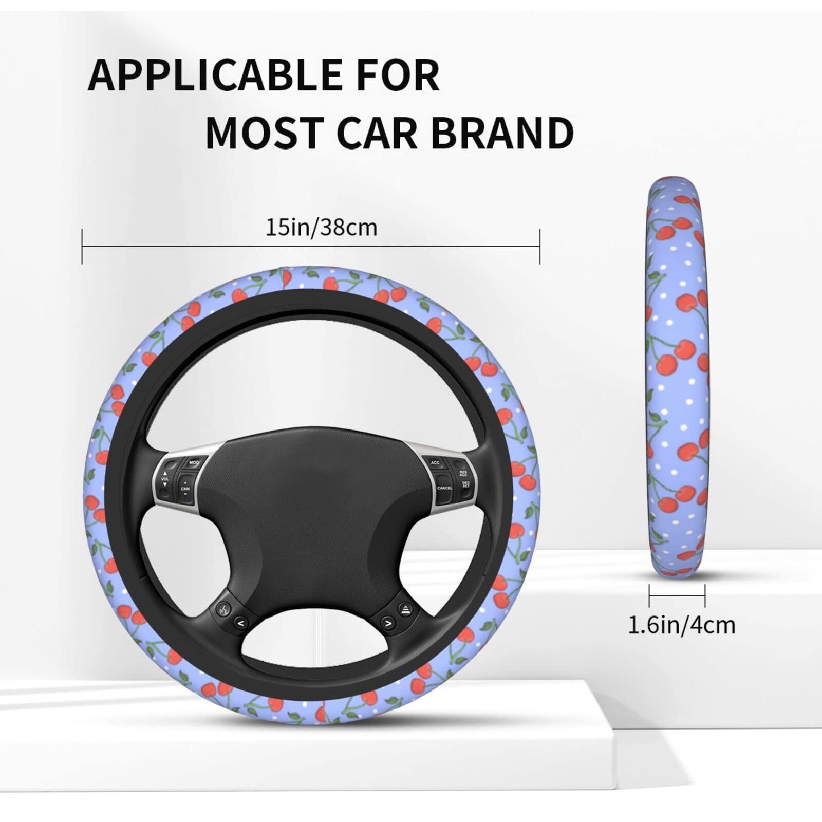 Purple Cherry Steering Wheel Cover for Women Men with 2 Pcs Car Coasters, Universal 14.5-15 Inch Rainbow Steering Wheel Covers N