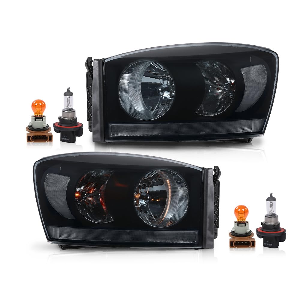 G-Plus Front Headlights Lamp W/Bulbs Pair, Fit For Dodge Ram 1500 2500 3500 Truck 2006 2007 2008 2009,Ch2518114 Ch2519114 Smoke