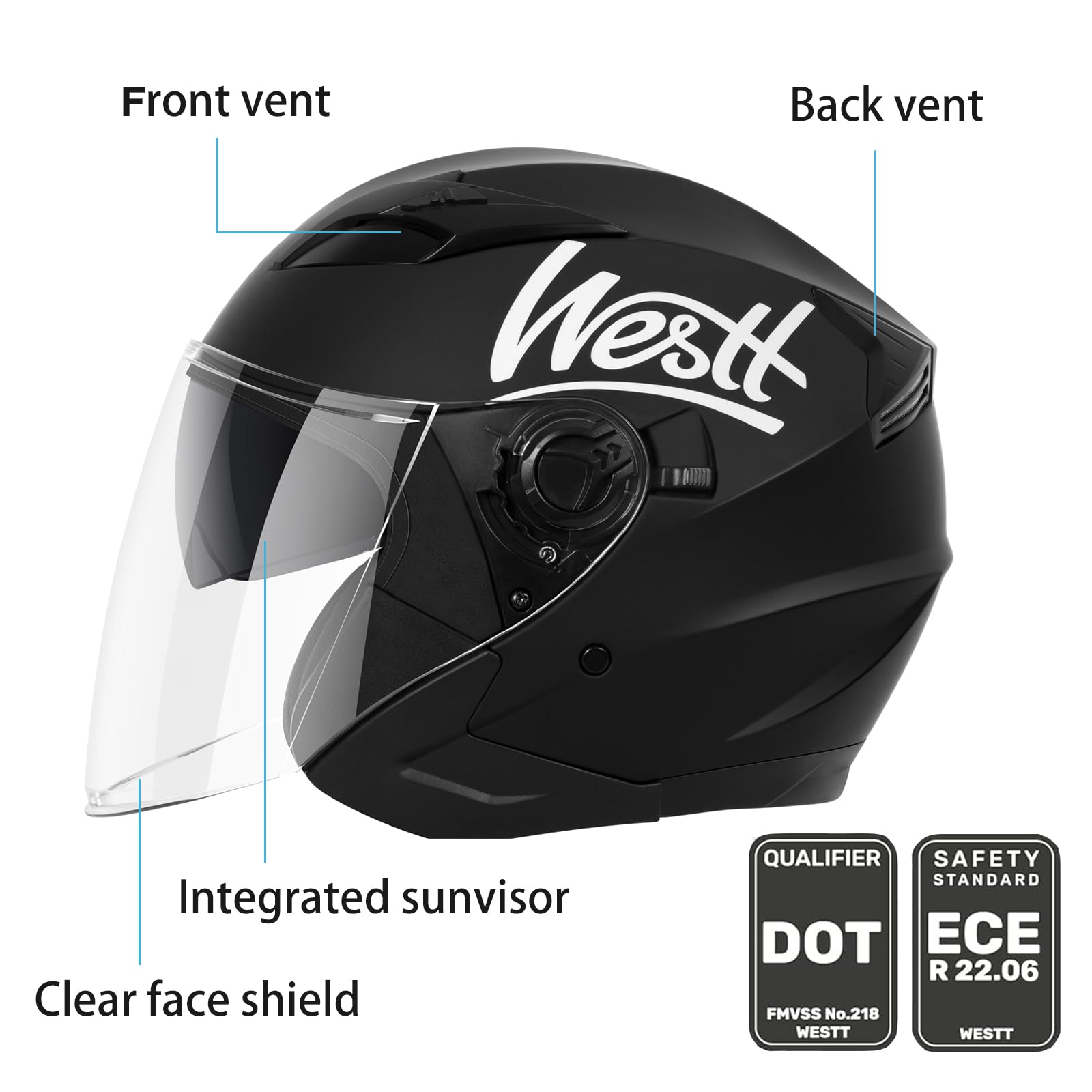 Westt Open Face Motorcycle Helmet, DOT Approved, Dual Sun Visor, L (23.23-23.62 in), Black, Model W-001