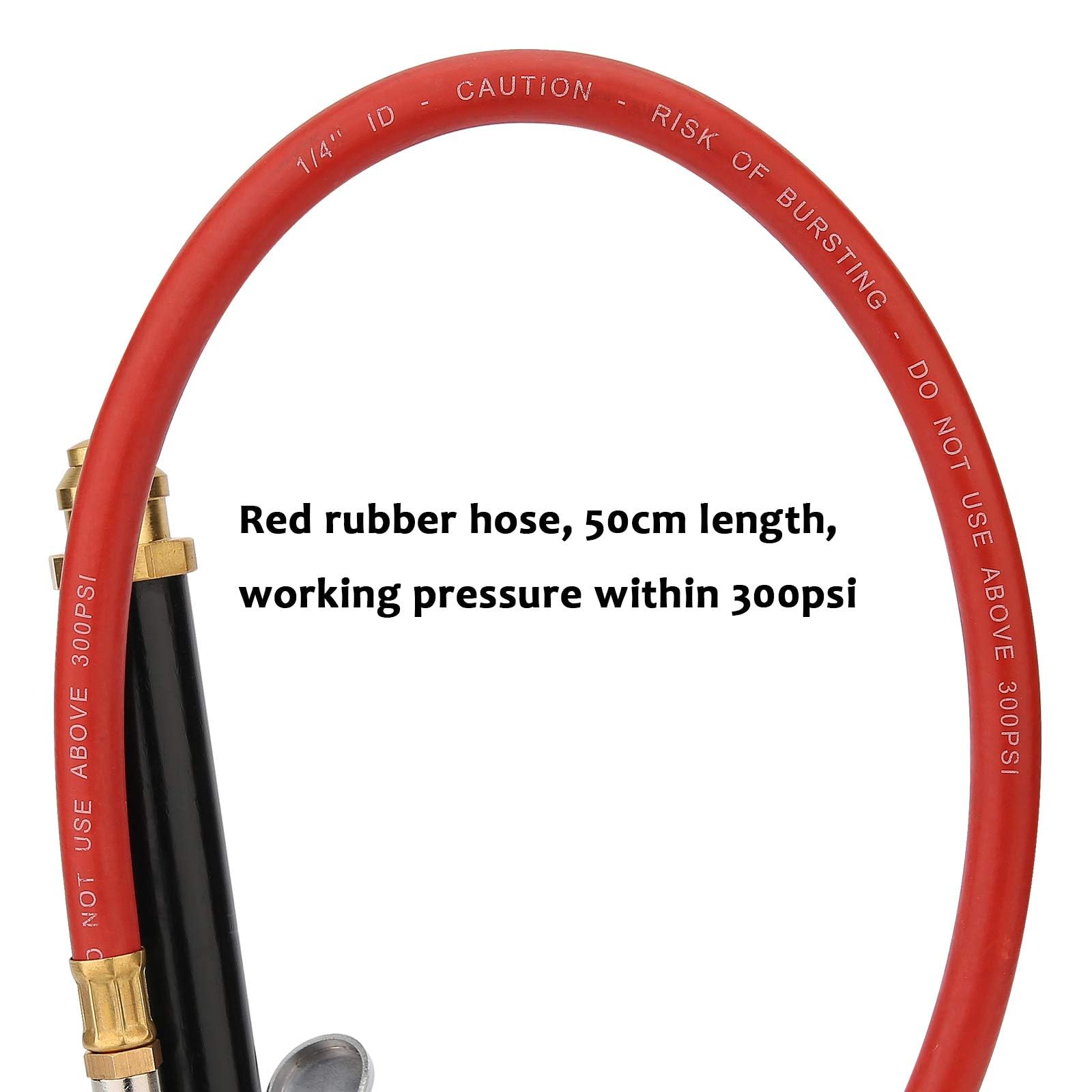 Measureman Heavy Duty Bayonet Style Tire Inflator, Aluminum Body, 20'' Red Hose, Clip On Air Chuck, Aluminum Slide, Range 10-130