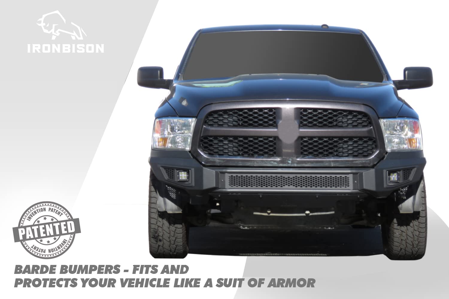 IRONBISON Front Bumper for 2013-2018 Dodge RAM 1500, Alloy Steel, Black, Model IBBFD004, with 2 LED Fog Lights