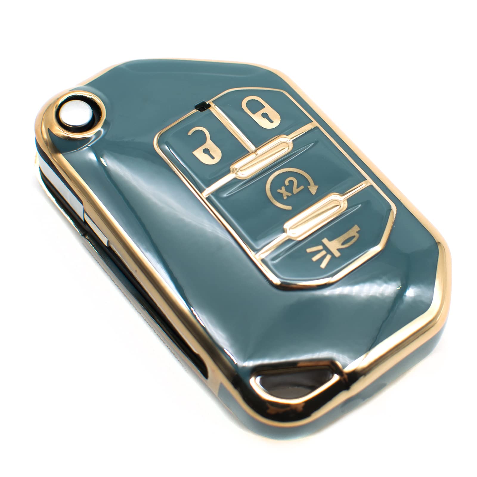Feyoun Key Fob Cover Compatible With Jeep Gladiator Wrangler Flip 4 Buttons Tpu Remote Keyless Key Fob Case Protection Shell Accessories, Blue Gray