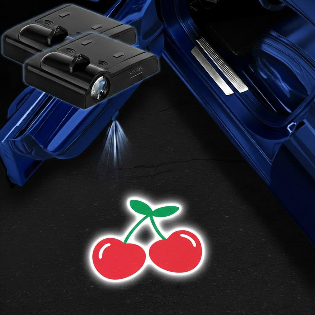 2PCS Cherry Car Door Lights Projector,Wireless LED Welcome Puddle Lights,Magnetic Logo Projector Door Light Decor Car Accessorie