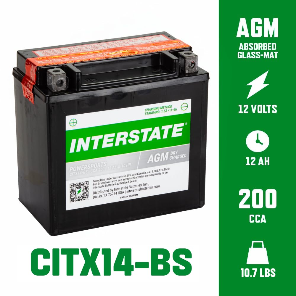 Interstate Batteries YTX14-BS 12V 12Ah AGM Powersports Battery for Motorcycles, ATVs, UTVs, Scooters, Snowmobiles - 200CCA Rechargeable