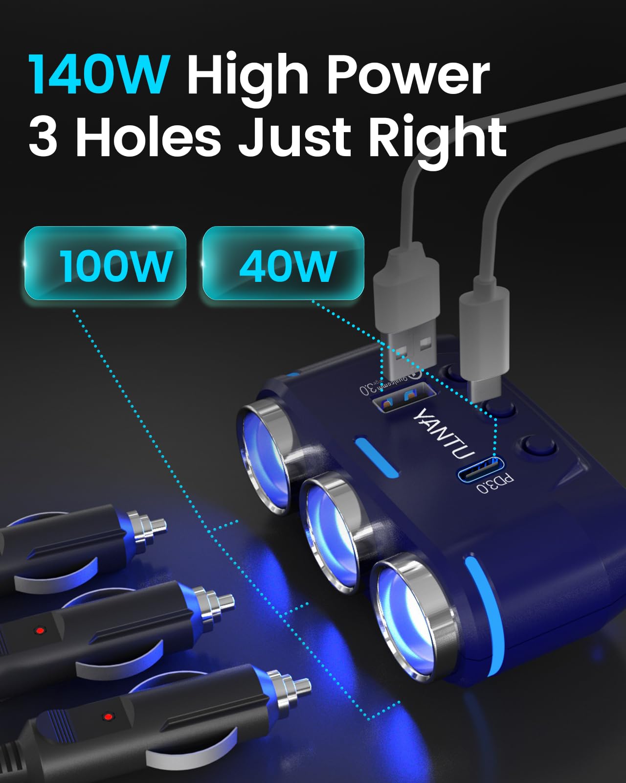 Yantu Qc3.0&Pd 40W Cigarette Lighter Adapter, 3-Socket 140W Cigarette Lighter Splitter With 12V Usb Outlet,Car Charger Adapter W