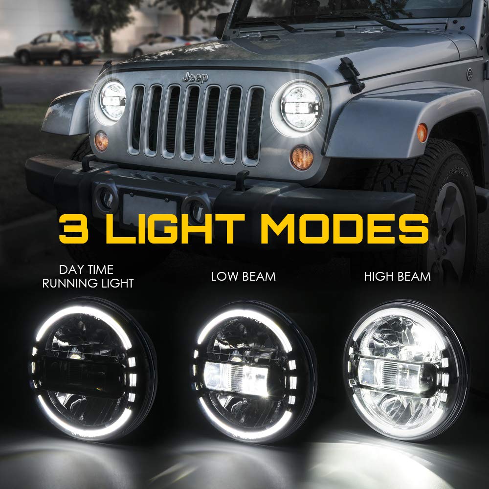 Xprite 7" LED Round Headlights for 1997-2018 Jeep Wrangler JK, Halo Ring, DOT Approved, Black, Plug & Play