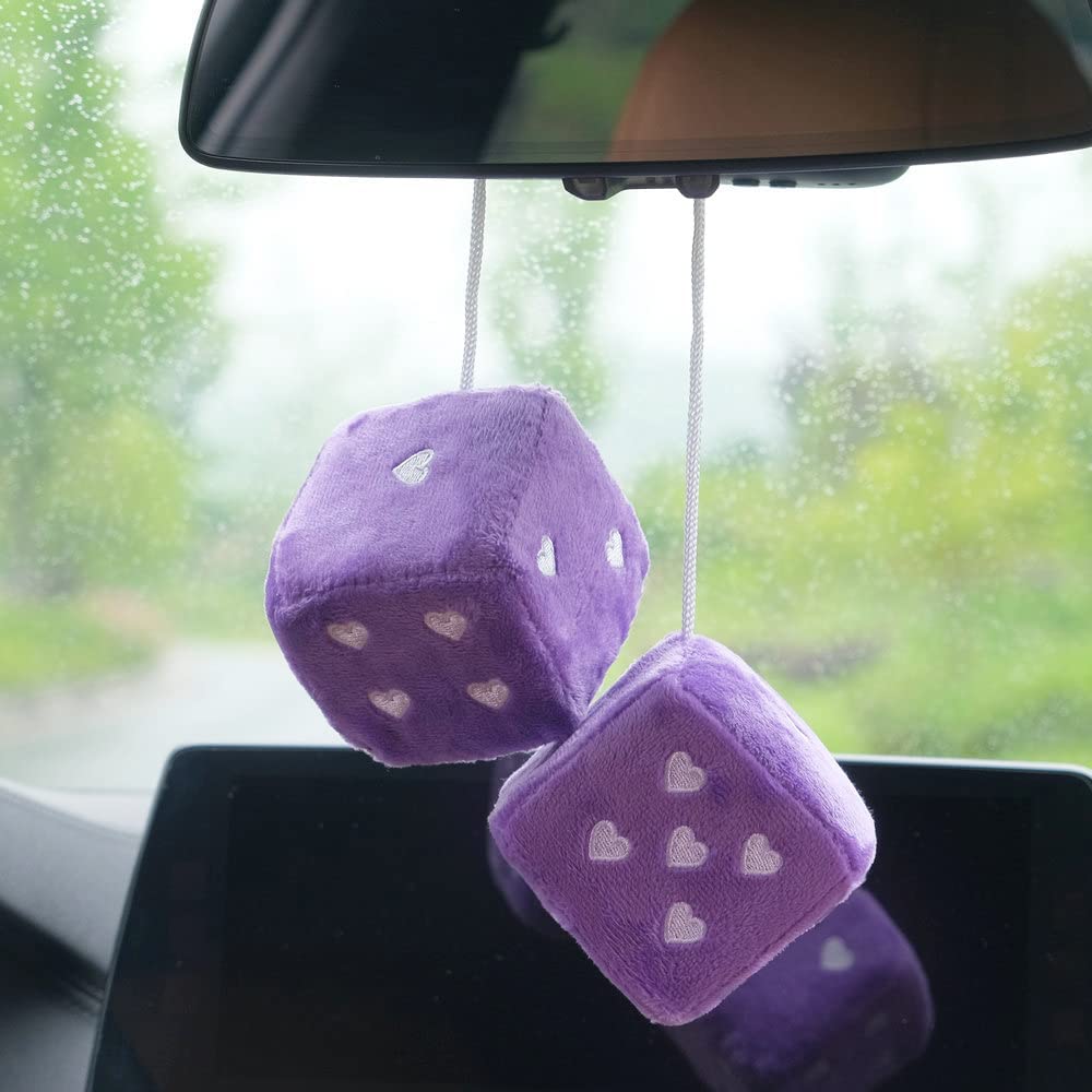 Pair 3    Purple Fuzzy Plush Dice Heart Shape Decor for Car Rearview Mirror, Retro Square Decoration Dice for Car Hanging Access