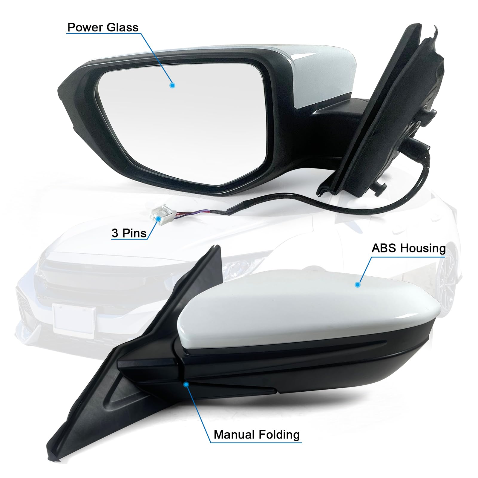 Lqito Left Driver Side Door Mirror for 2016-2021 Honda Civic LX SE Sport, Taffeta White, 3 Pins, ABS, Model 76258-TBA-A02ZA