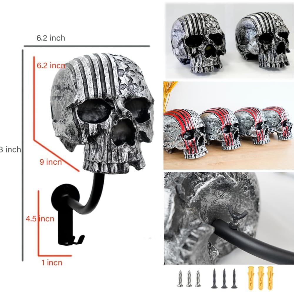 Tooyuart Skull Helmet Holder Wall Mount Rack with 2 Hooks, Black Resin Hanger for Helmets, Coats, Caps, and More