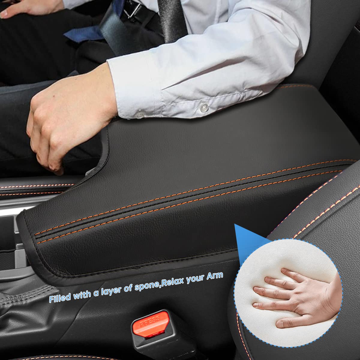 INTGET Car Armrest Cover for Subaru Crosstrek & Impreza 2017-2023, Leather, Black with Orange Stitches, Model 103162-P
