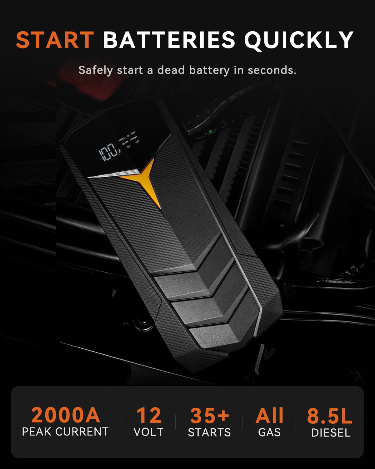 SUNPOW Car Jump Starter 2000A Peak 20000mAh Battery Pack, 12V Booster for Gas & Diesel, Portable Power, Black, Model SP-JS02