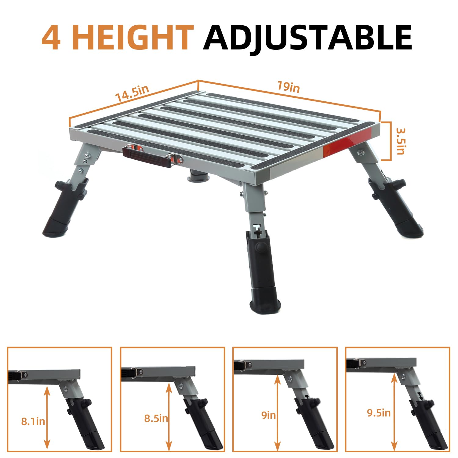 Homeon Wheels RV Step Stool - 19" x 14.5", 1,500lbs Adjustable Aluminum, Non-Slip Rubber Feet, Reflective Stripe, Model SP-800