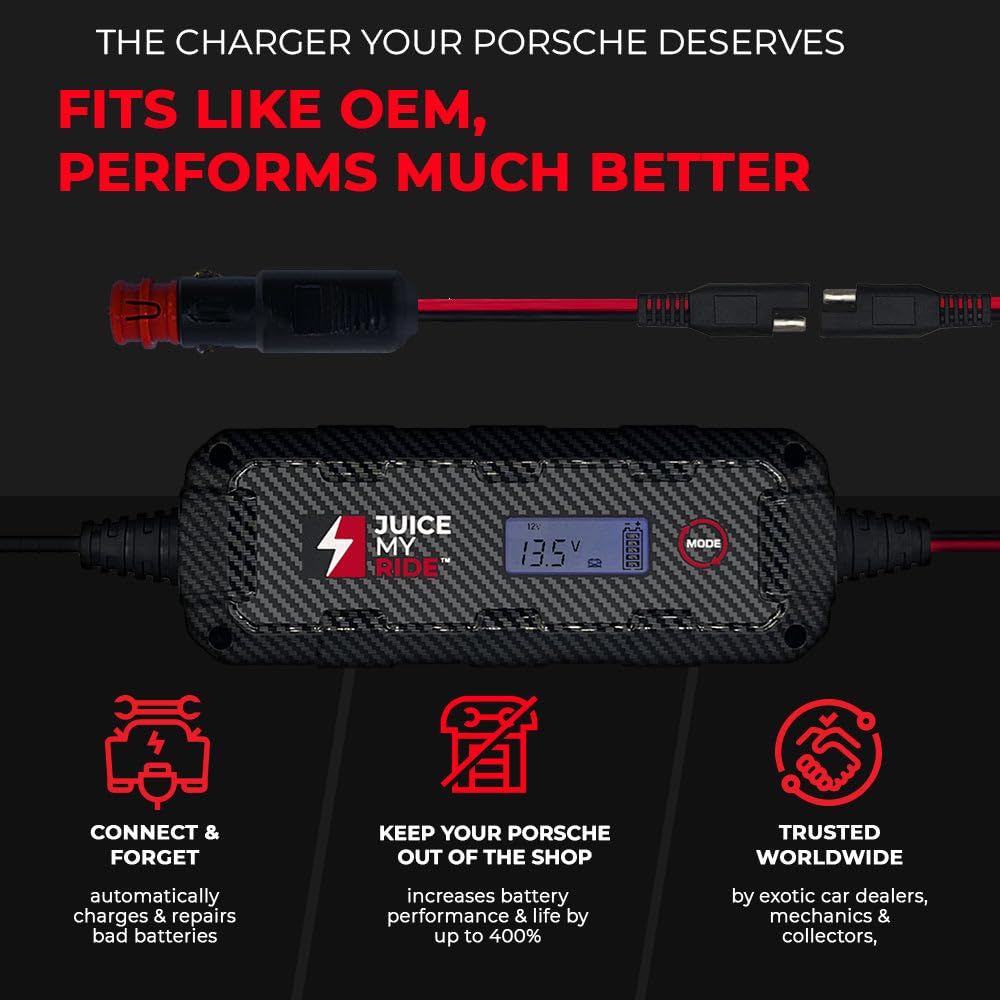Juice My Ride JMR Battery Charger for Porsche 911, Panamera, Cayenne, Macan, Cayman, 718, Boxster - 12V Cig Port, No Lithium Mode