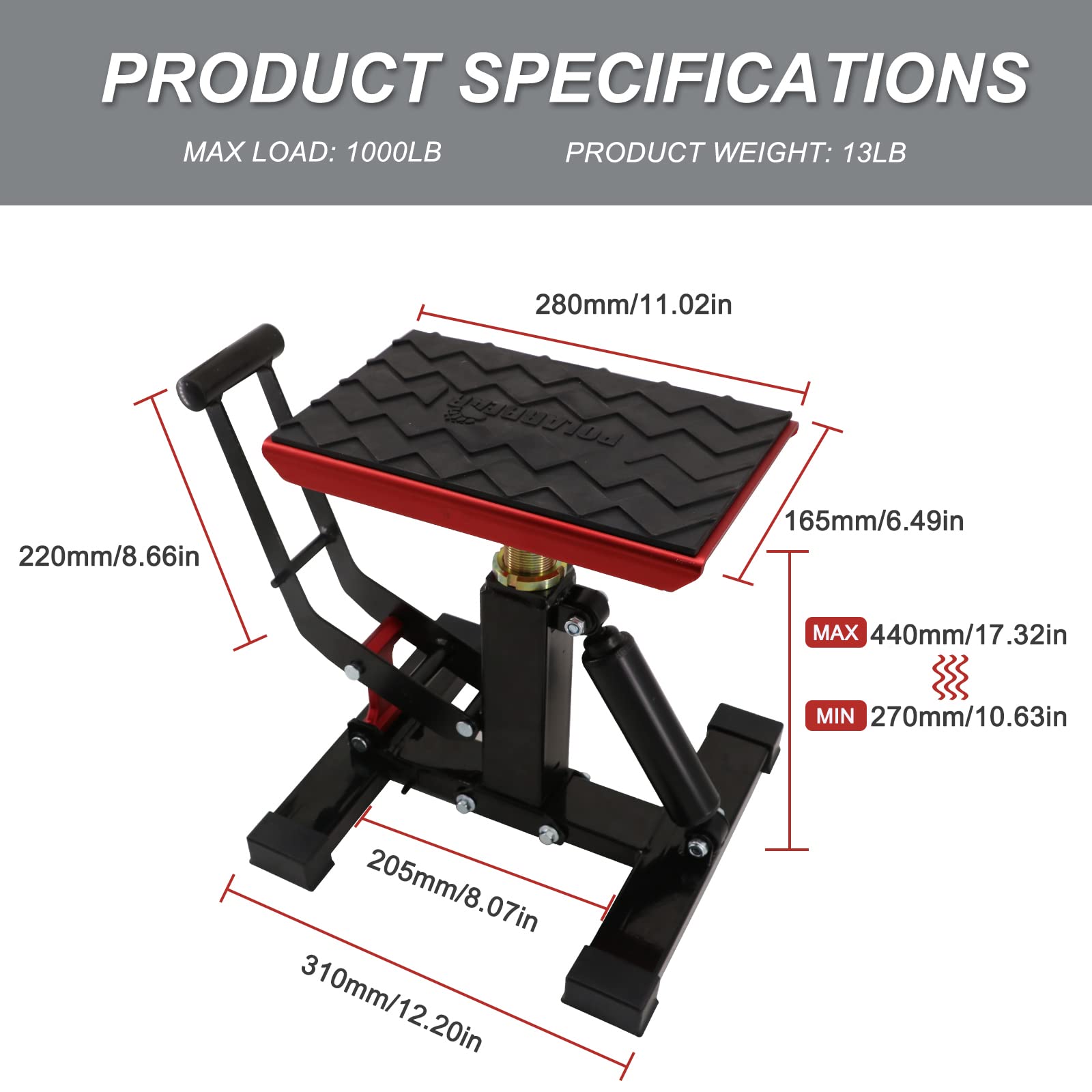 POLARBEAR Dirt Bike Stand - Quick Jack Hydraulic Motorcycle Lift, Low Profile, Aluminum, 1200Lbs Capacity, Red, Model 8201001