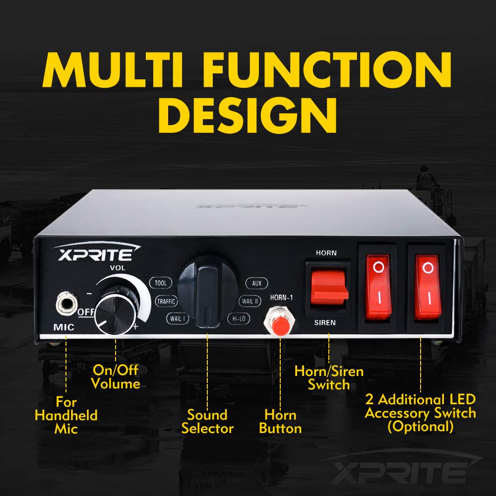 Xprite 200W Emergency Warning Siren PA System Kit with Microphone & Lights, Slim Black Aluminum Design, Model SIREN-200W-G2