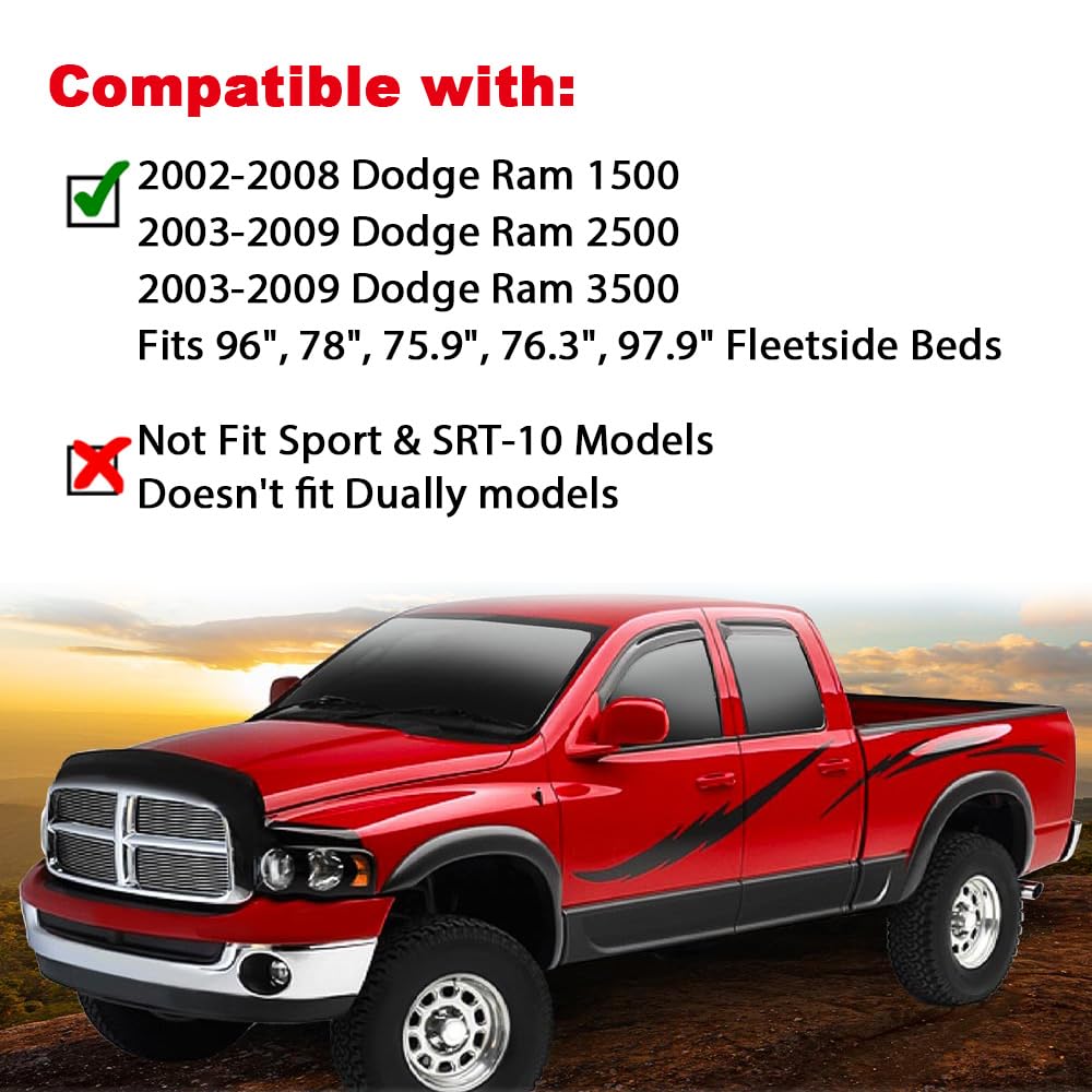 PIT66 Fender Flares for 2002-2008 Dodge Ram 1500/2500/3500, Textured Black Polypropylene, Not for Dually Models