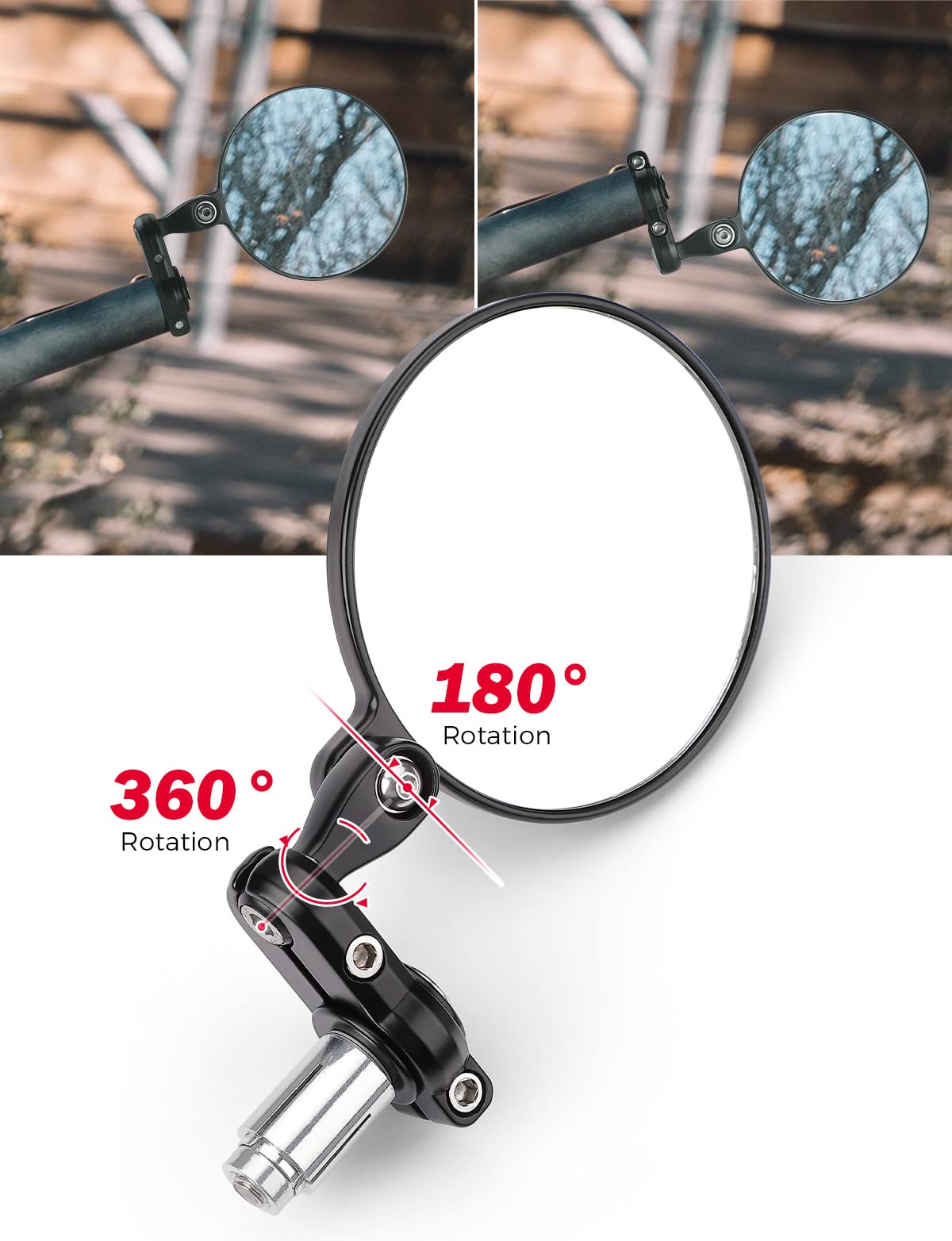 KEMIMOTO 360° Rotatable Motorcycle Handlebar Mirrors, Black, Metal, Fits 13-21 mm, Mirror Diameter 3.9 in, Model MU-F0804-00202