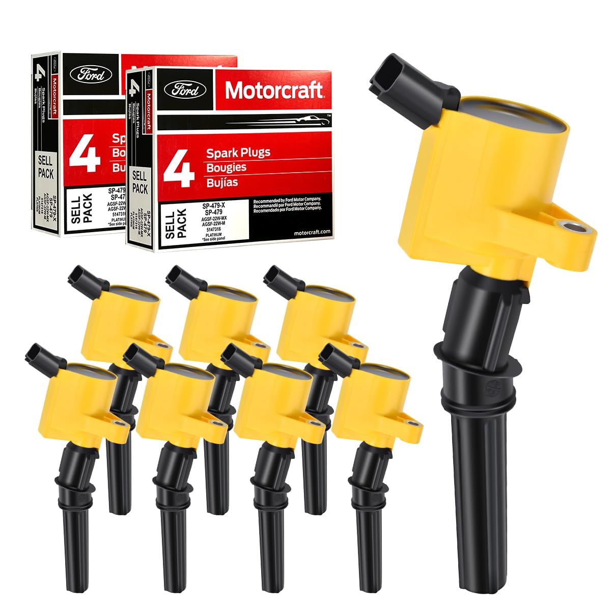 MAS Set of 8 Yellow Ignition Coils Pack Curved Boots DG508 & 8 Motorcraft Platinum Spark Plug SP479 Compatible with Ford F150 F2