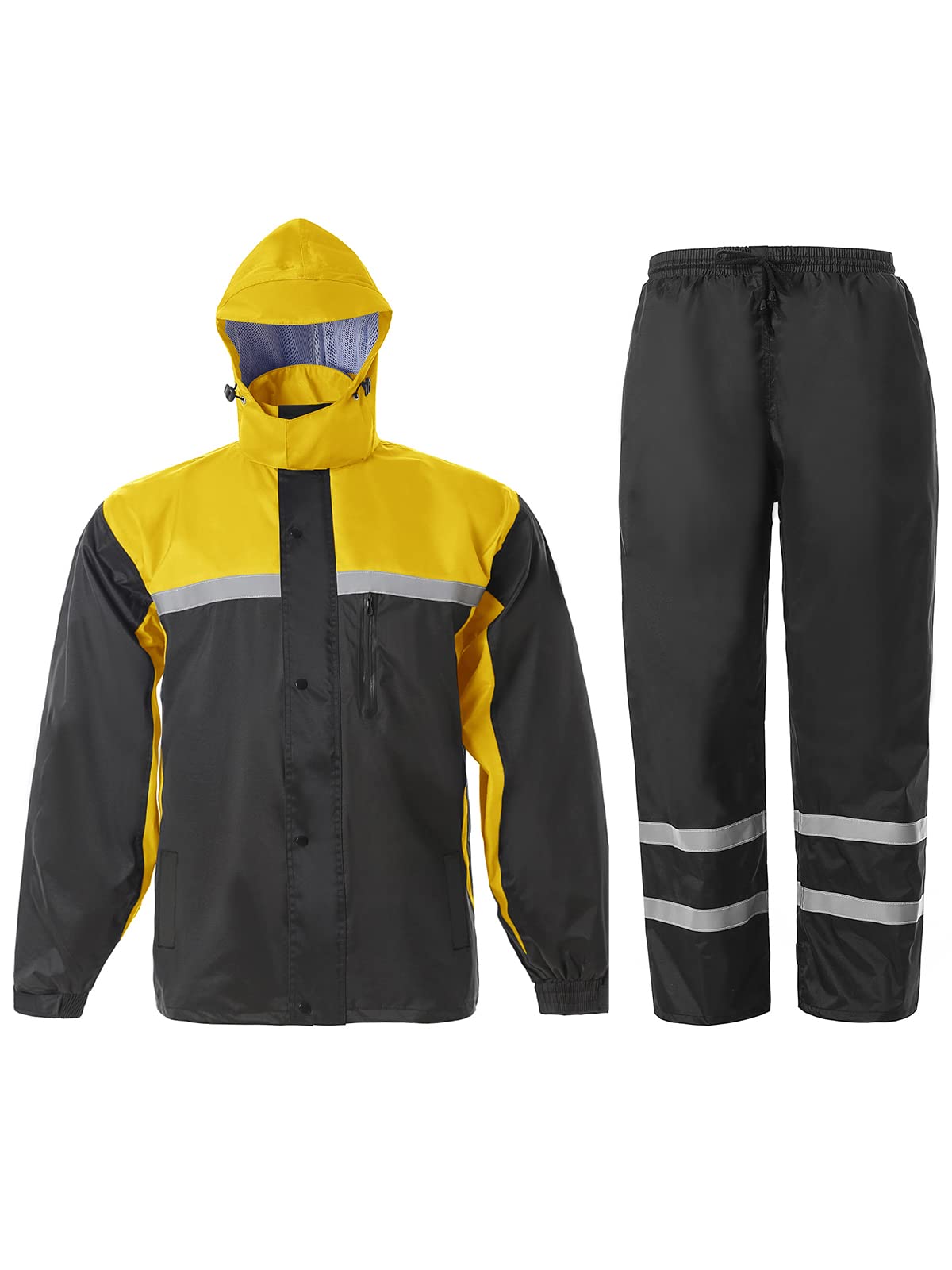 Saphirose Men'S Rain Suit High Visibility Reflective Work Rain Jacket Pants For All Sport Farm Fishing Motorcycle (Black/Yellow,Large)