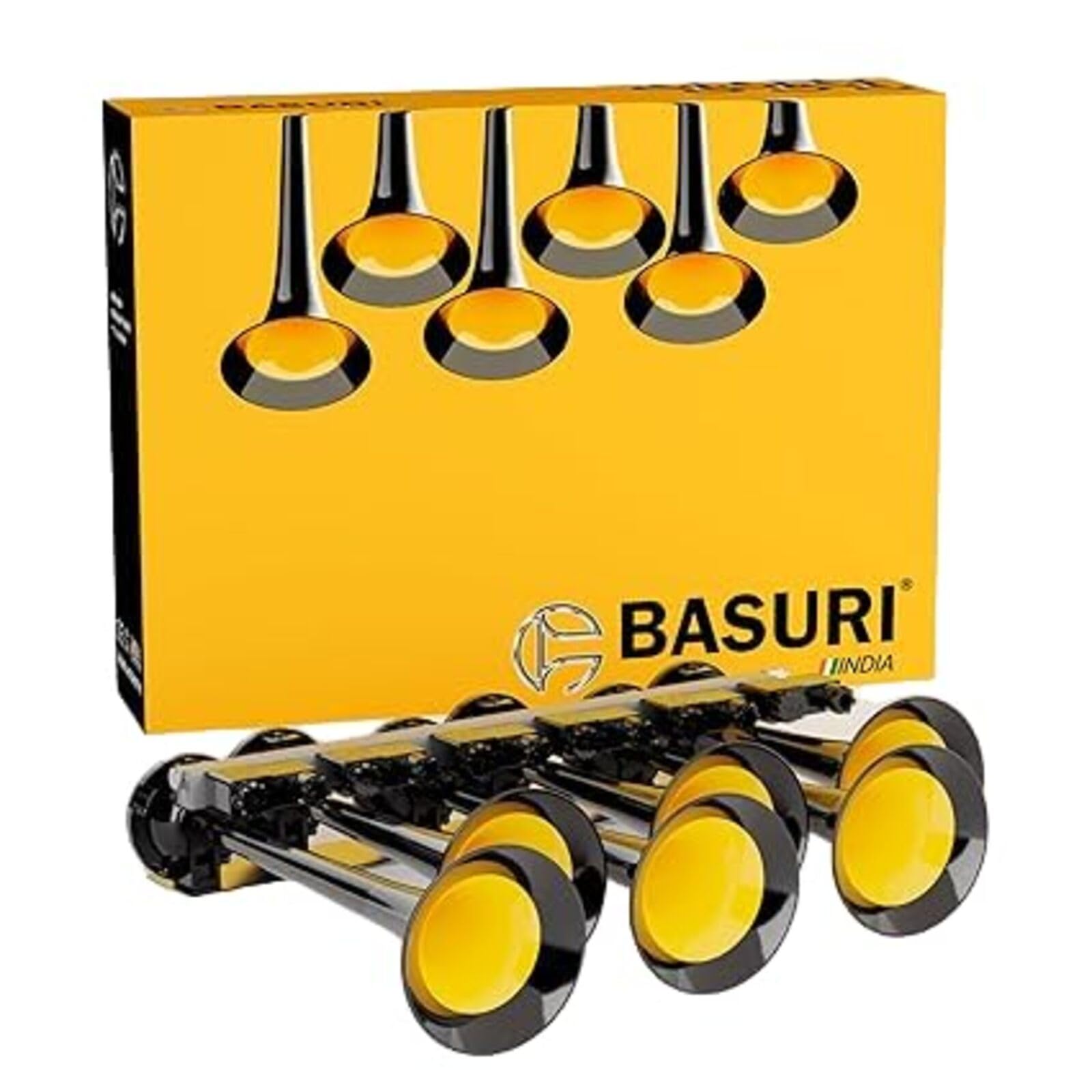 BASURI® Musical Air Horn - 12/24 Volt, 130 DB, Baby Shark 2.0, 6 Trumpets, Black & Yellow, Turbo Controller for Trucks & Buses