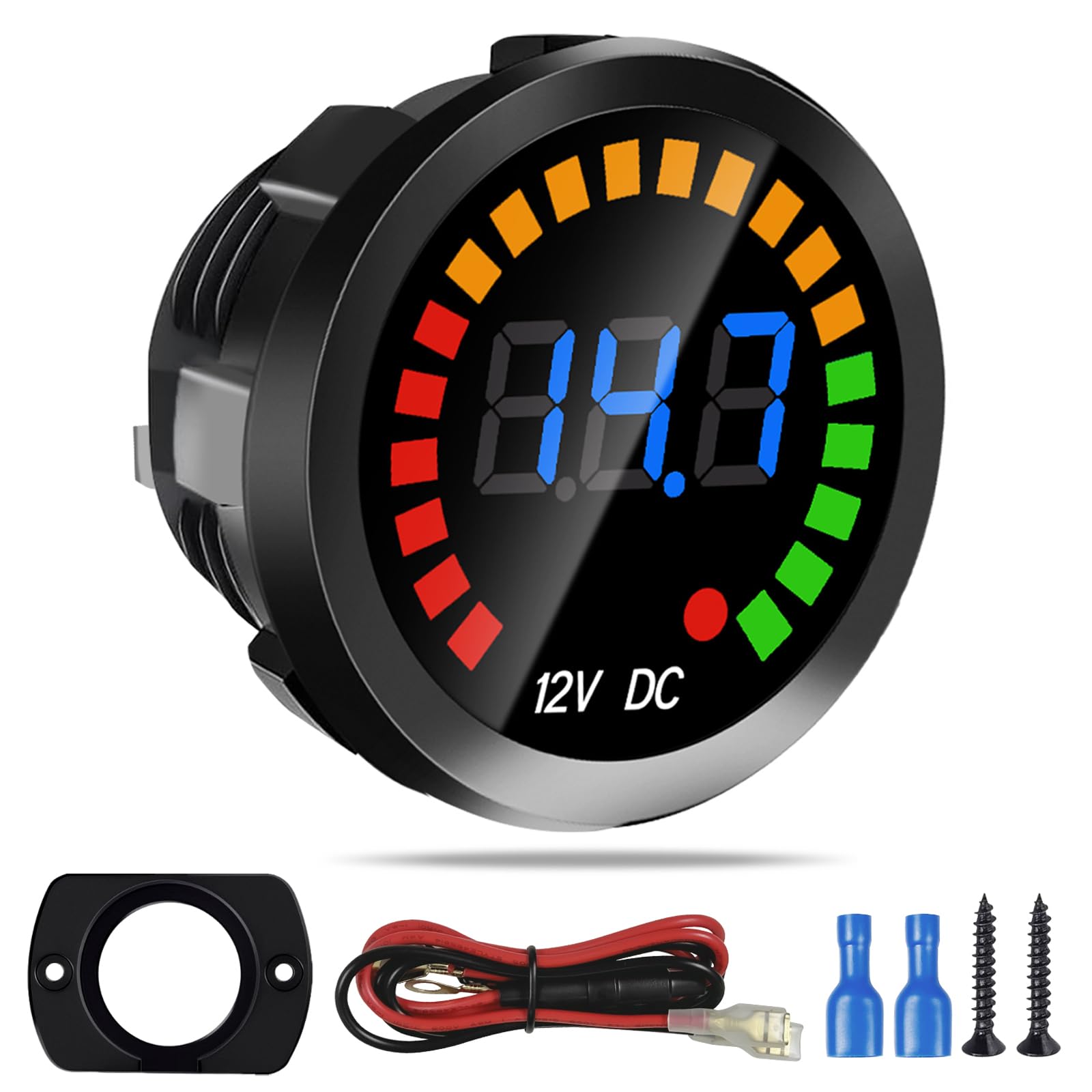 Waterproof DC 12V Voltage Meter, LED Digital Display Voltmeter Gauge Panel, Round Battery Monitor with Mounting Plate & Wires & 