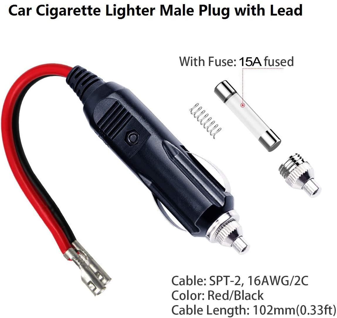 [6Pack] 12V Replacement Cigarette Lighter Male Plug With Lead - 12V 15Amp Fused Replacement Cigarette Lighter Male Plug With Led