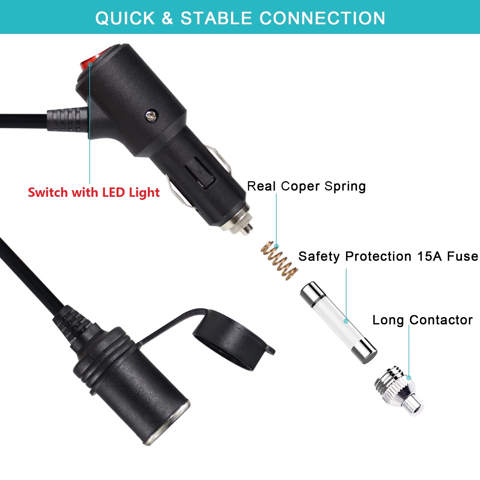 SPARKING 5FT Cigarette Lighter Extension Cord - Heavy Duty 18AWG with On/Off Switch & 15A Fuse, Model SP-0829