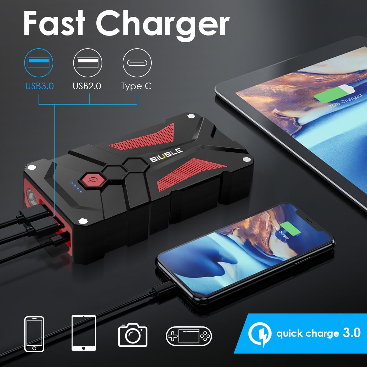 BIUBLE Jump Starter 3000A Peak, 12V Auto Battery Booster Pack, USB Quick Charge 3.0, Black and Red, Model JS001