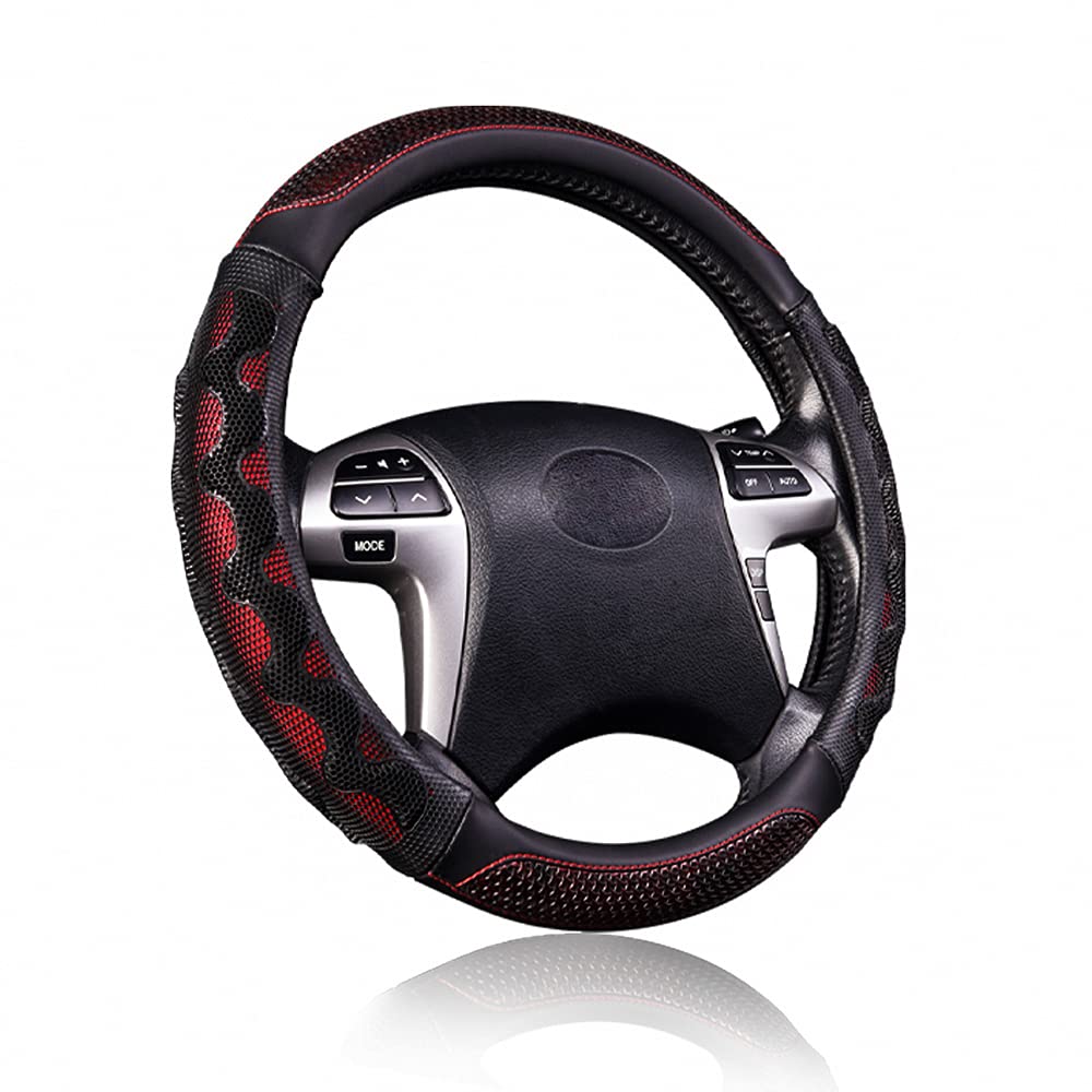 Flying Banner Car Steering Wheel Cover Faux Leather Massage Universal Fit 3D Honeycomb Hole Anti-Slip Sporty 15 Inches (Red With