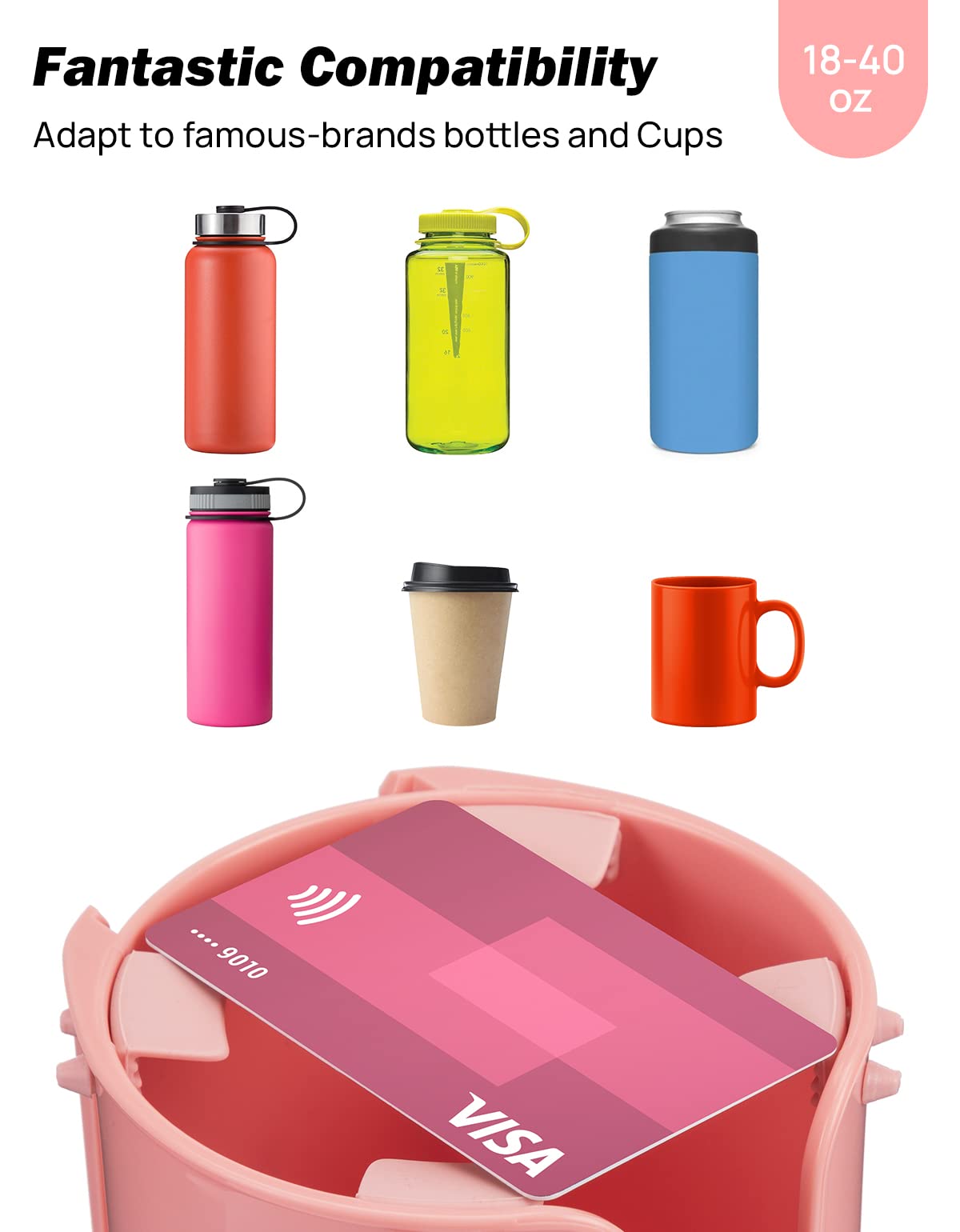 JOYTUTUS Cup Holder Tray for Car, 360° Rotating, Pink, Fits Yeti/Hydro Flask, Detachable Food Table, 1 Pack