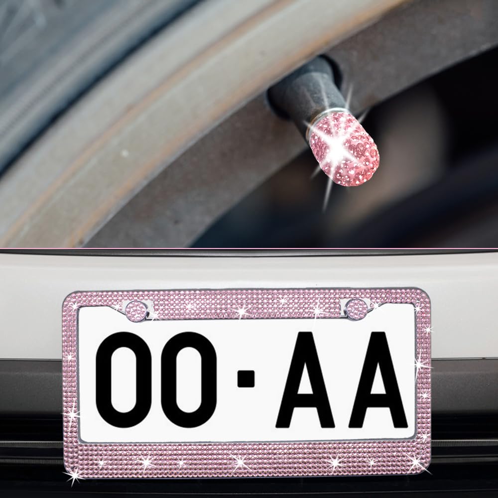 Pink Bling License Plate Frame Kit, lyfLux Stainless Steel Sparkly License Plate Frame with 4 Pink Sparkly Valves for Girls, Wom