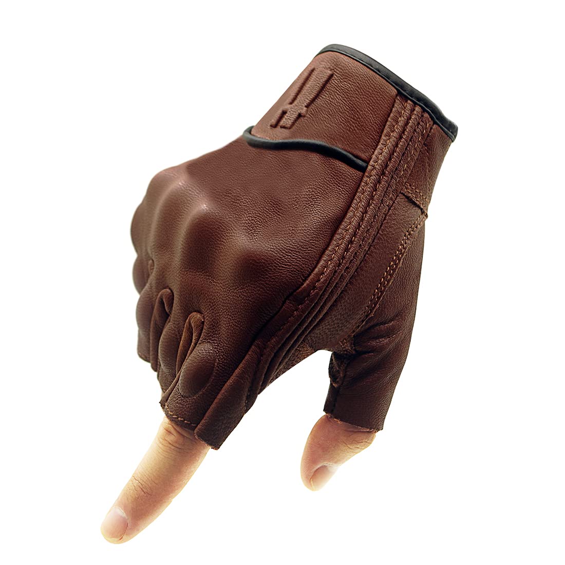 Harssidanzar Fingerless Motorcycle Gloves,For Mens Leather Riding Driving Gloves With Hand Knuckle Gm037,Saddle,Size,M