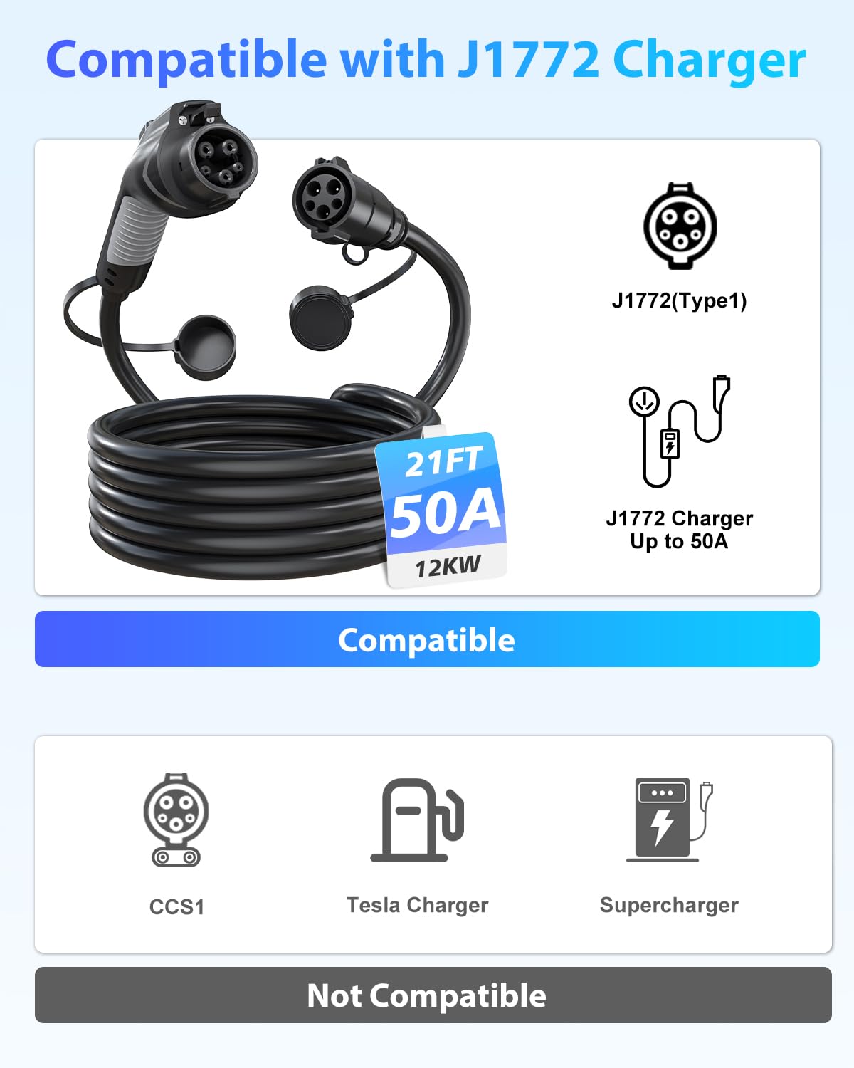 EVDANCE EV Charger Extension Cable - 50A 21FT J1772 Charging Cord for Electric Vehicles, Compatible with SAE J1772 Chargers
