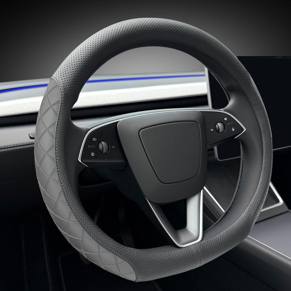 Lkwlikei Leather Steering Wheel Cover. Elegant Diamond Checkered Design, Non-Slip And Breathable, For Tesla Model 3/Y Steering W
