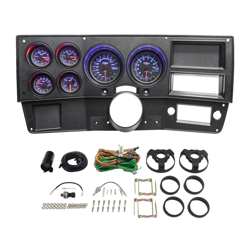 GlowShift 6-Gauge Cluster Package Compatible with Chevy C10 1973-1987 - Black 7 Color Speedometer, Tach, Oil Pressure, Water Coo