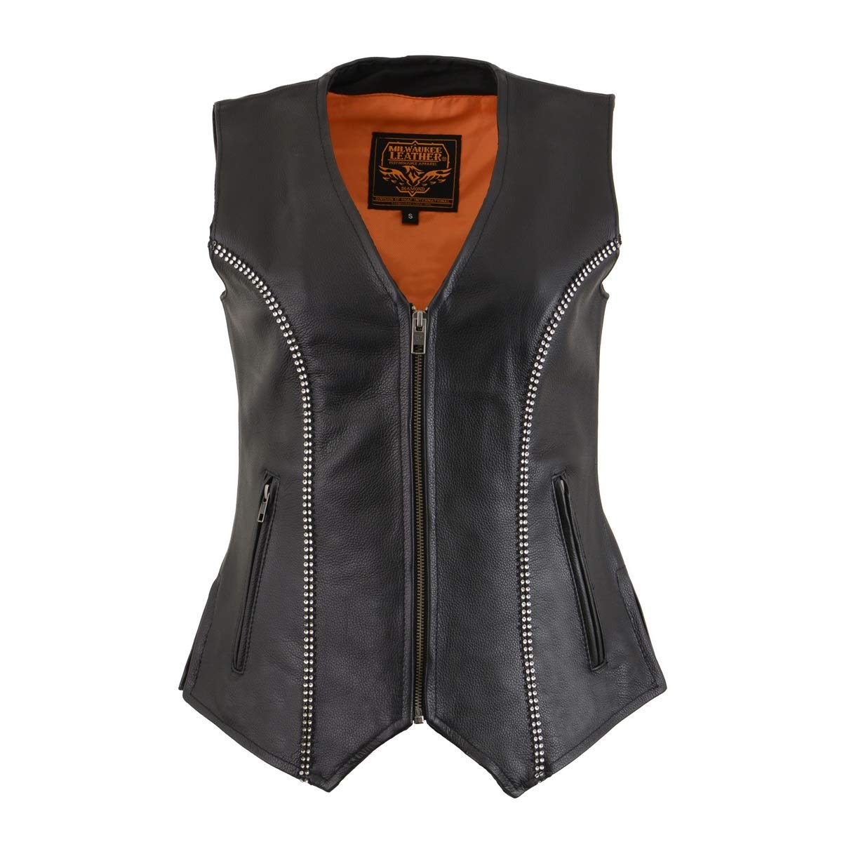 Milwaukee Leather MLL4502 Women's Black Leather Classic V-Neck Motorcycle Rider Vest with Rhinestone Bling Detail - Large