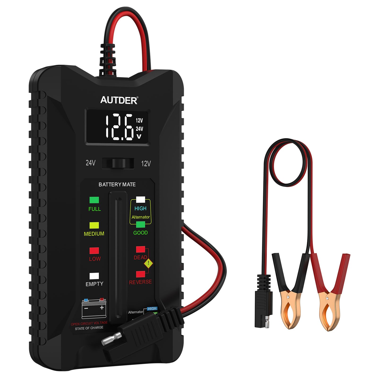 AUTDER Car Battery Tester 12V/24V, Digital Voltmeter with LCD Display & LED Indicators, Automotive Battery & Alternator Analyzer