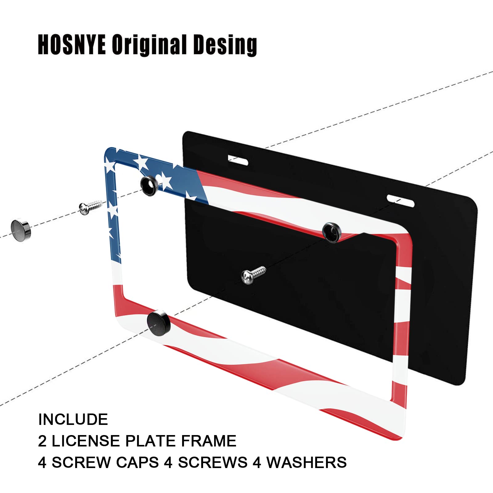 HOSNYE The American Flag License Plate Frame Black 2 Pcs Waving in The Wind Metal Cute Licenses Plates Frames Licenses Plate Cov