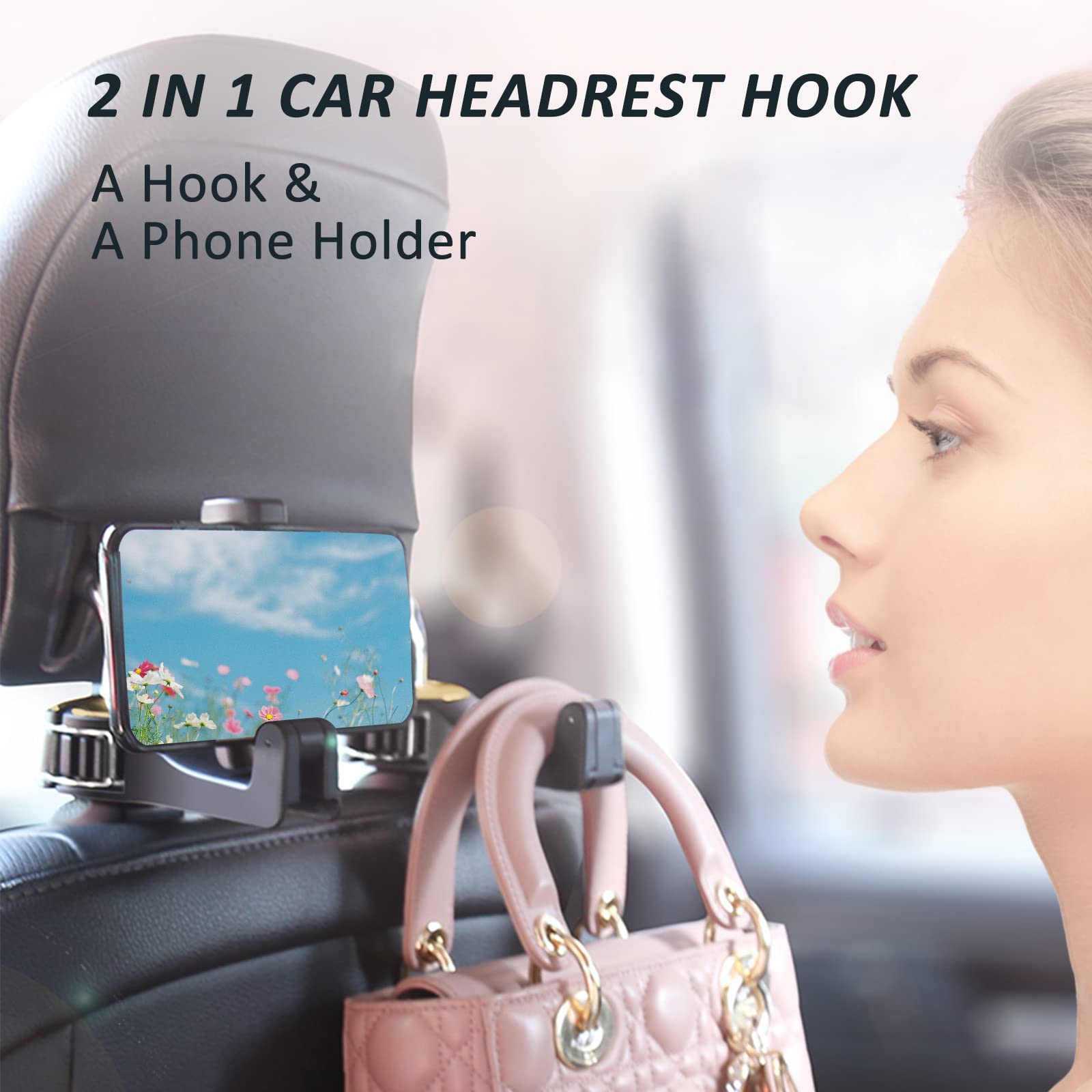 Scovvord Car Headrest Hidden Hook With Phone Holder, Car Seat Hooks For Purses And Bags, Universal 360° Rotation Headrest Hooks Purse Holder For Car, Car Purse Hook Holder (Gold)