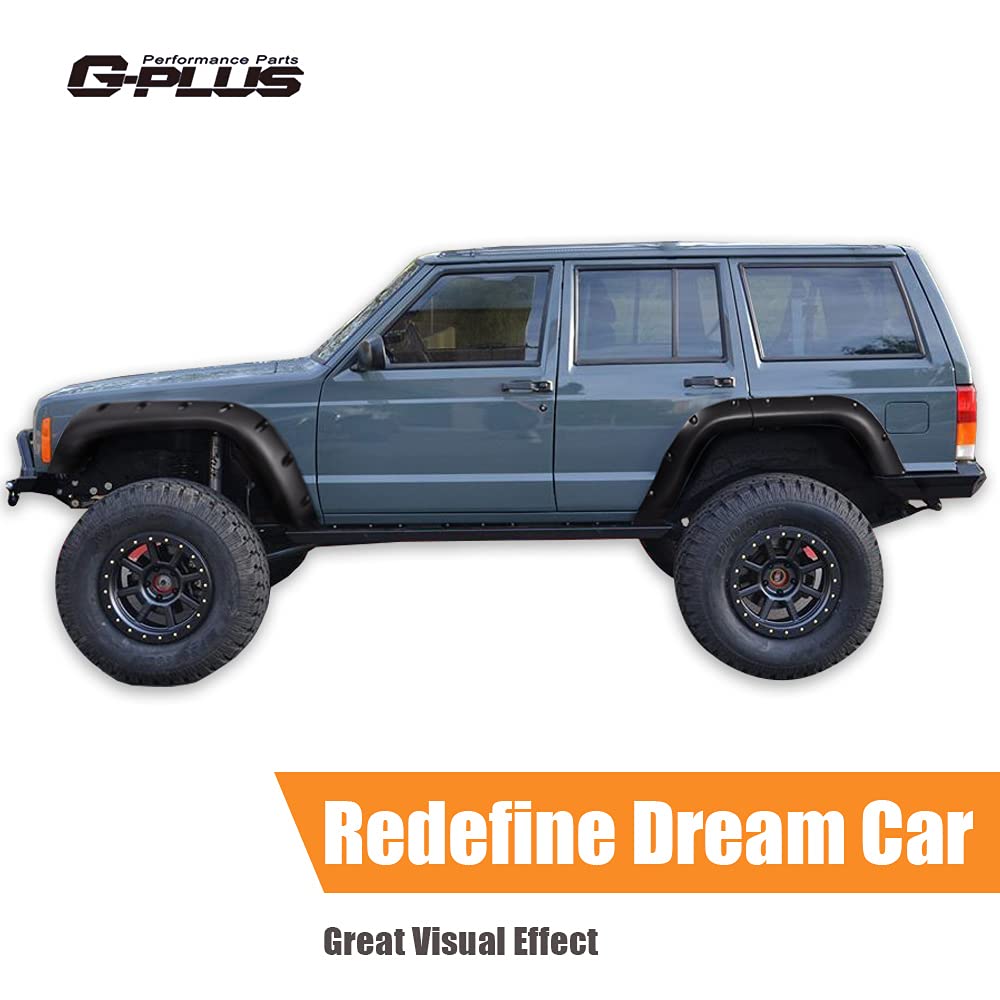 G-Plus Fender Flares, Compatible With Jeep Cherokee Xj 1984-2001 4-Door Sport Utility Models [Not Fit Models With Side Skirts(Ground Kits),Body Modification], Textured Pocket Rivet Wheel Cover 6Pcs