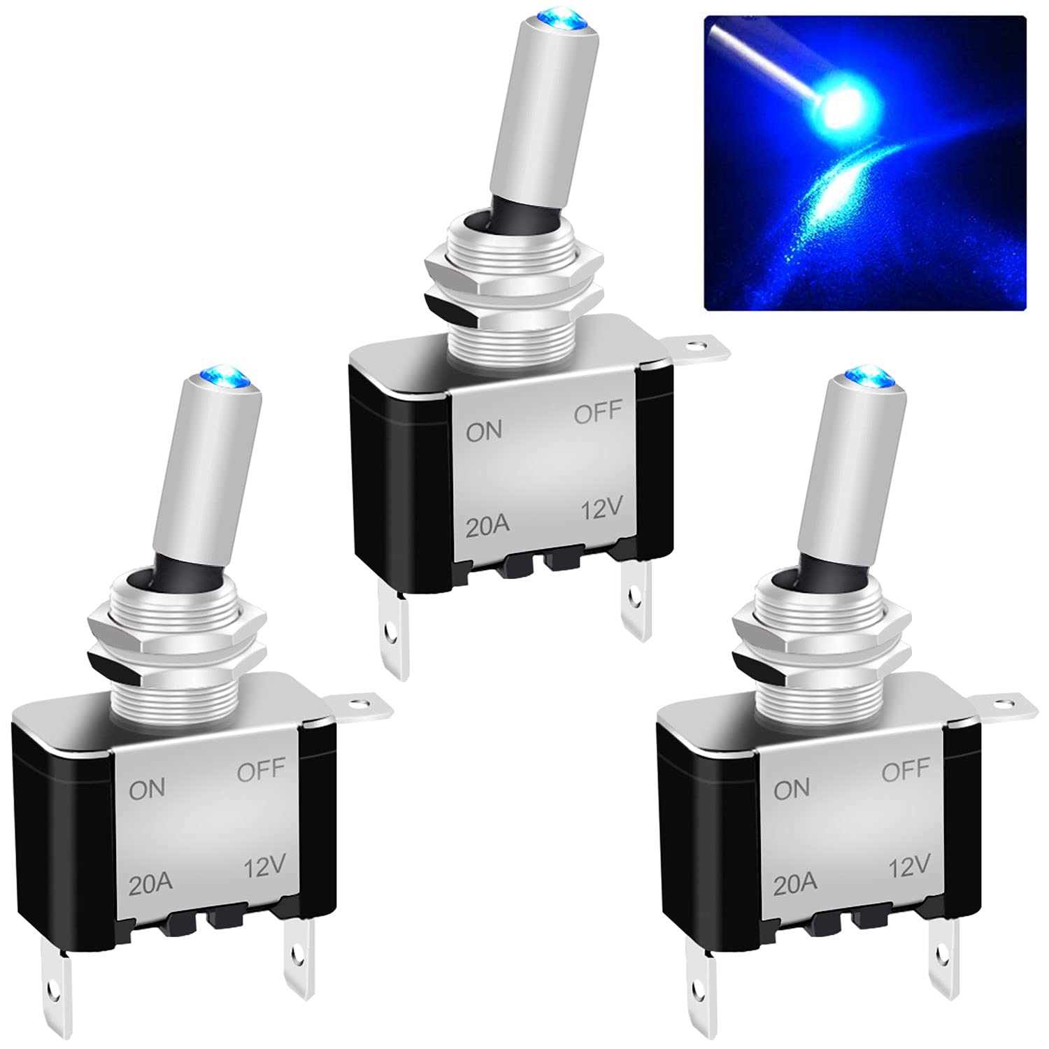 Twidec/3Pcs Rocker Lighted Toggle Switch 12V 20A Heavy Duty Racing Car Automotive Auto Spst On/Off Toggle Switch Blue Led Illumi