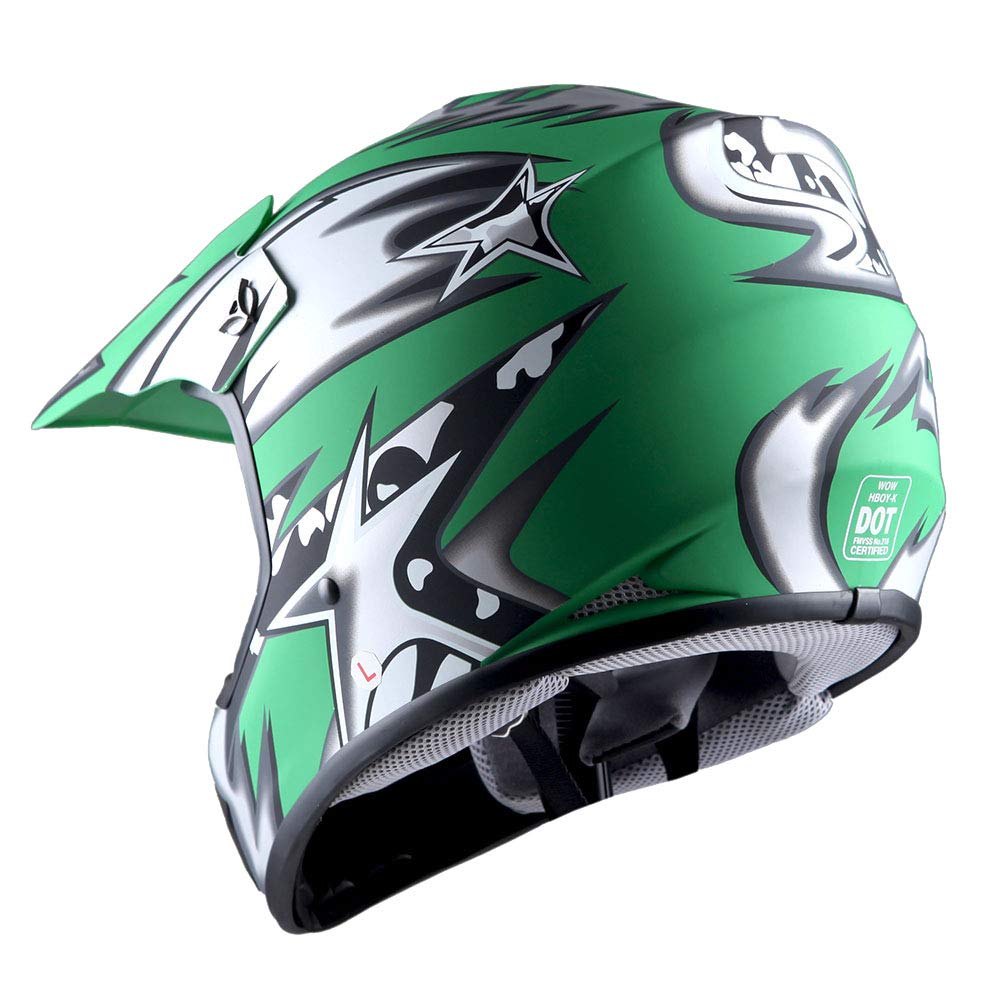 Wow Youth Kids Motocross Bmx Mx Atv Dirt Bike Helmet Star Matt Green