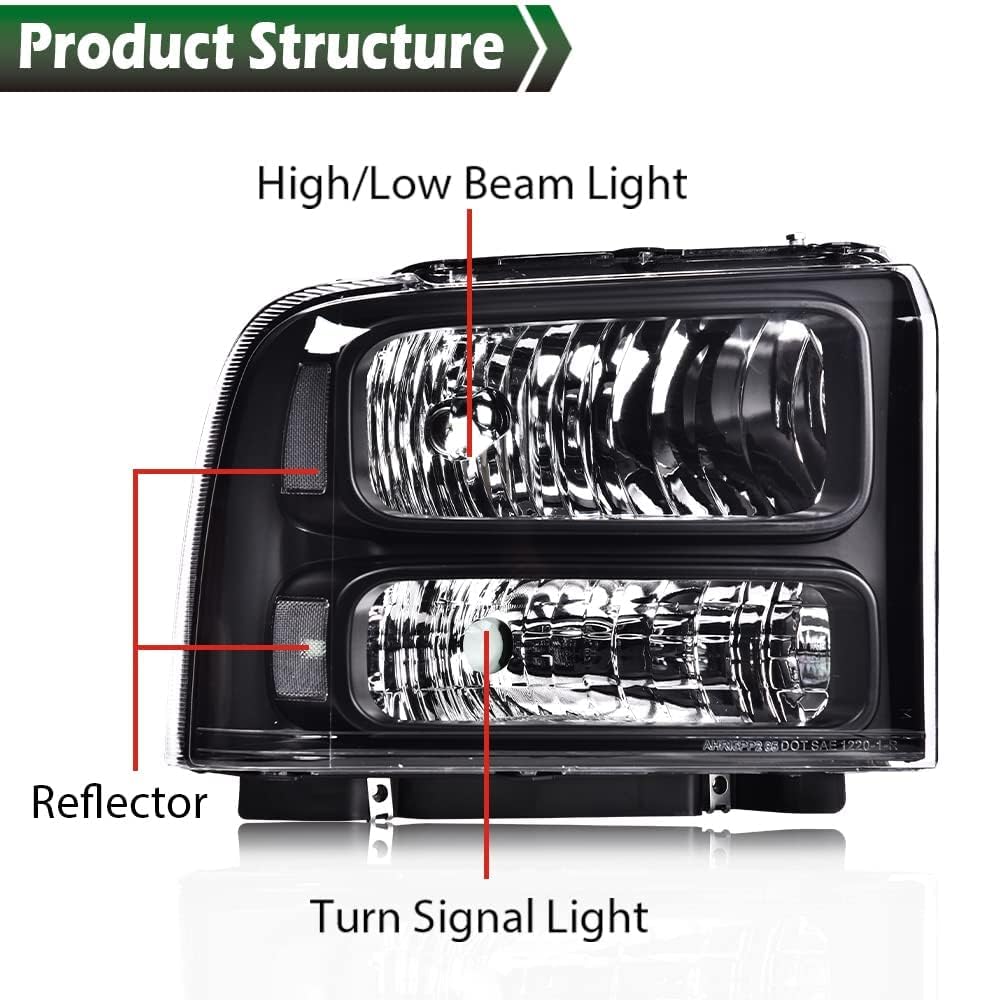 G-PLUS Headlight Assembly for 1999-2004 Ford F250 F350 F450 F550 & 2000-2004 Excursion, Clear Lens, Black Housing, ABS Plastic
