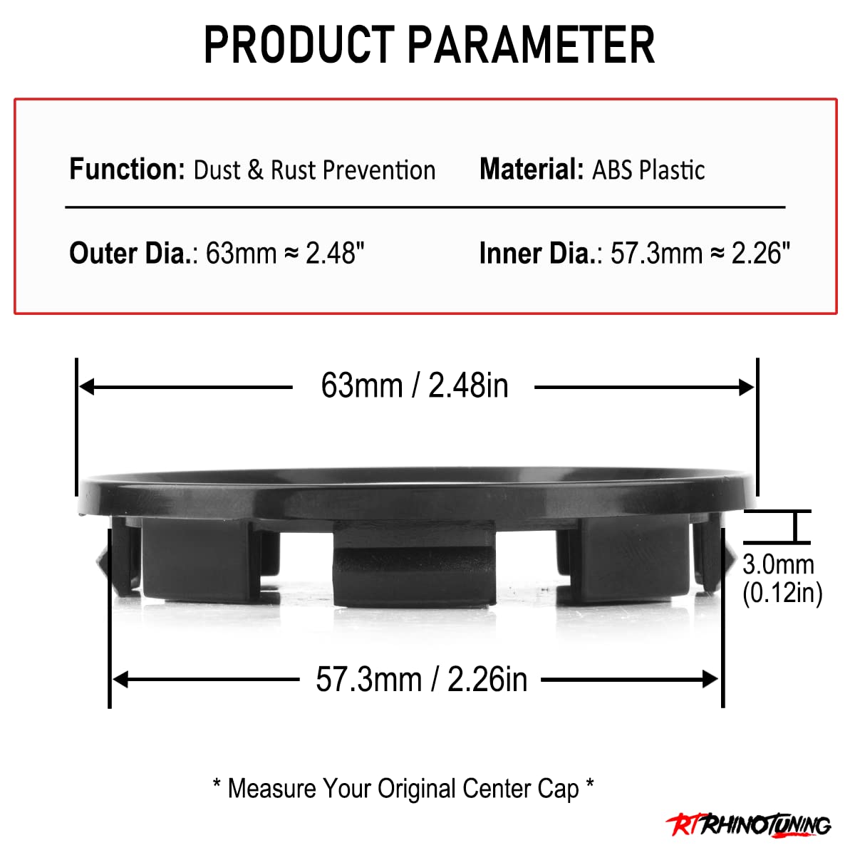 Rhinotuning 63mm Wheel Center Caps for Dodge Ram 1500 & Durango, Black Hub Caps, Acrylonitrile Butadiene Styrene, 4 Pack