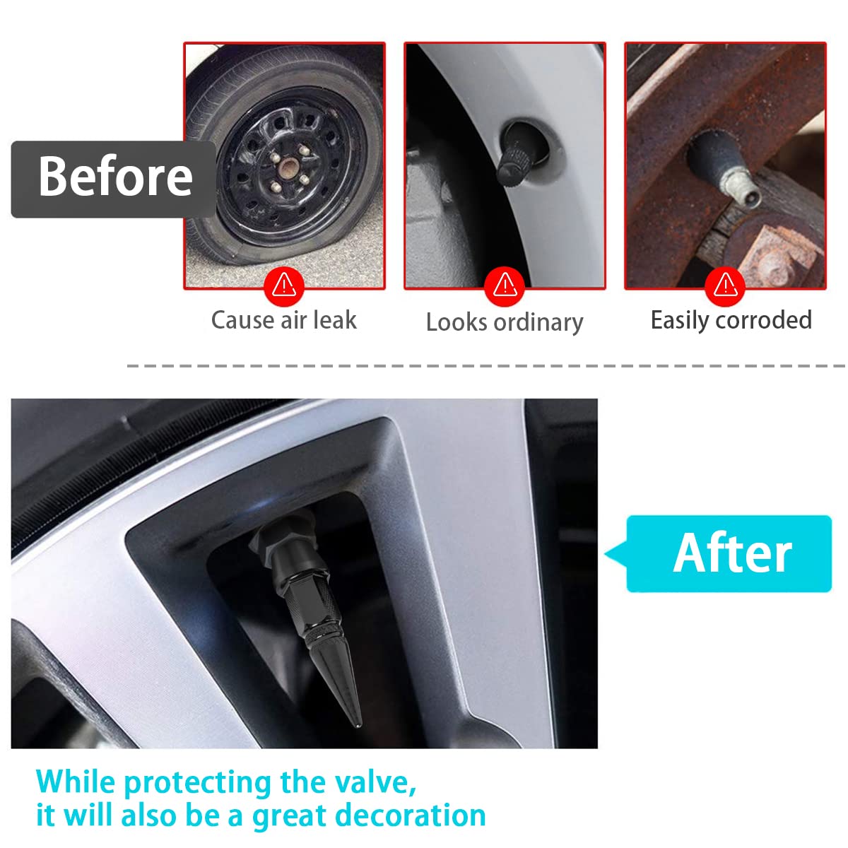 Car Tire Valve Stem Cap, 4 Pack Airtight Rustproof Unique Shape Design Valve Stem Caps Universal For Most Cars, Bicycles, Motorcycles, Suvs, Cool Car Accessories For Men Women (Black/60Mm)